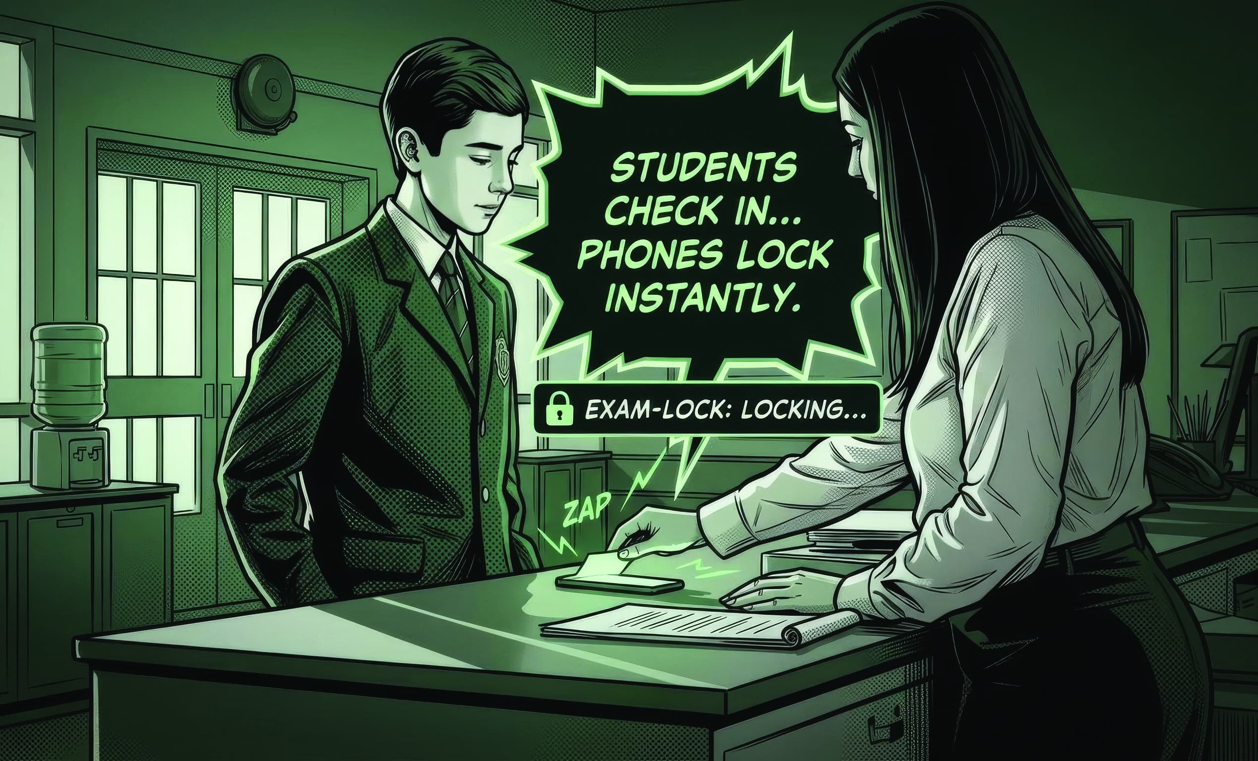 A student tapping an NFC card at reception to lock their phone
