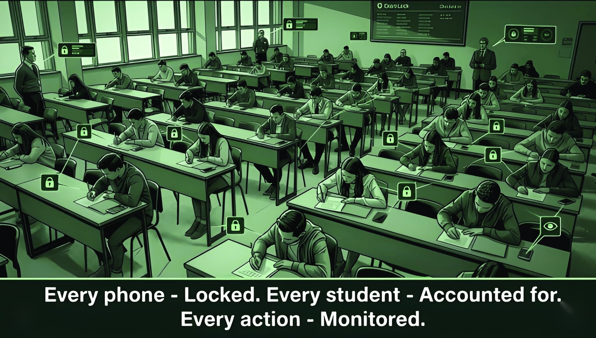 Every phone locked, every student accounted for, every action monitored during an exam