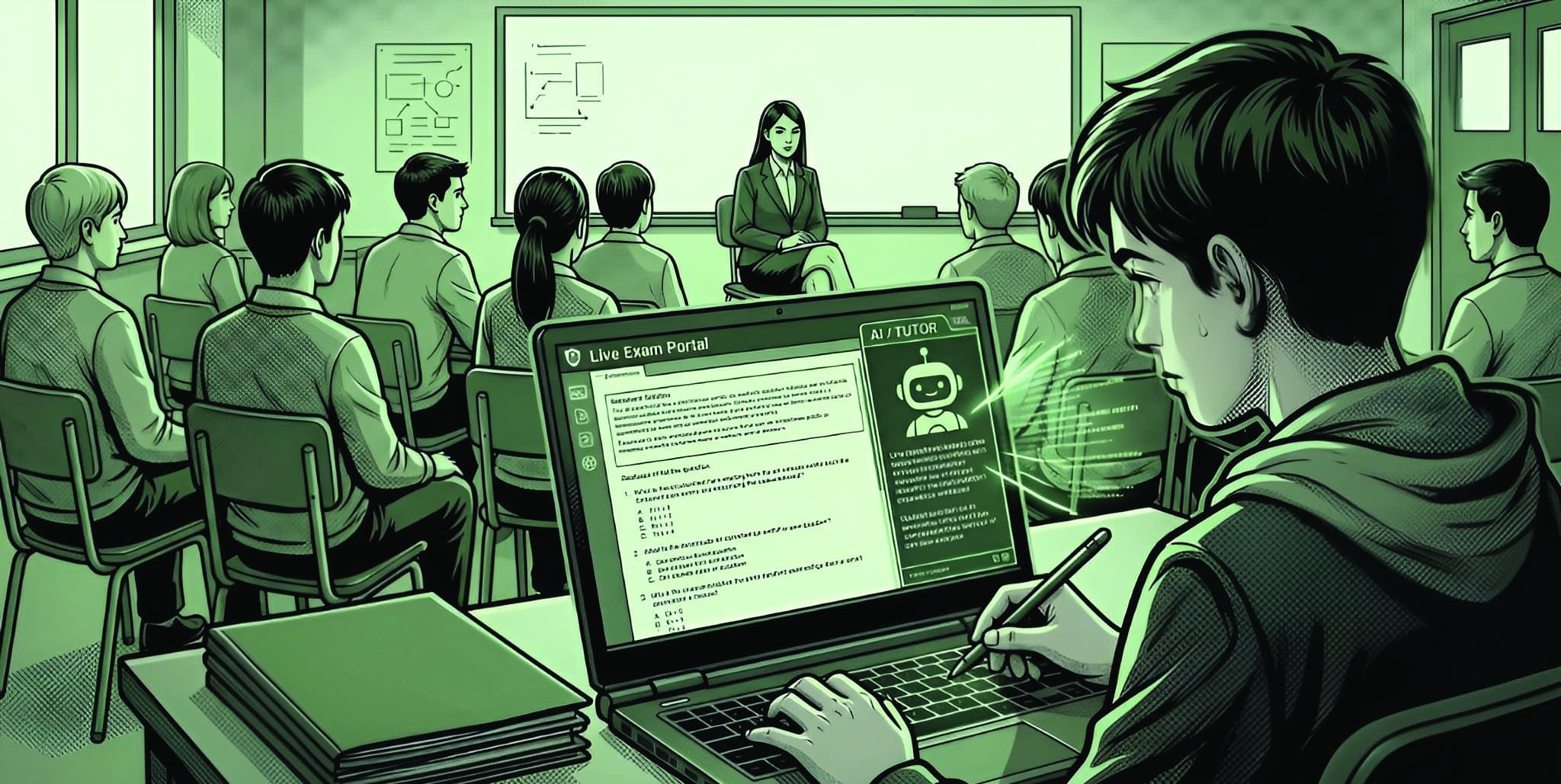 A student using an AI tutor inside a live exam portal during class