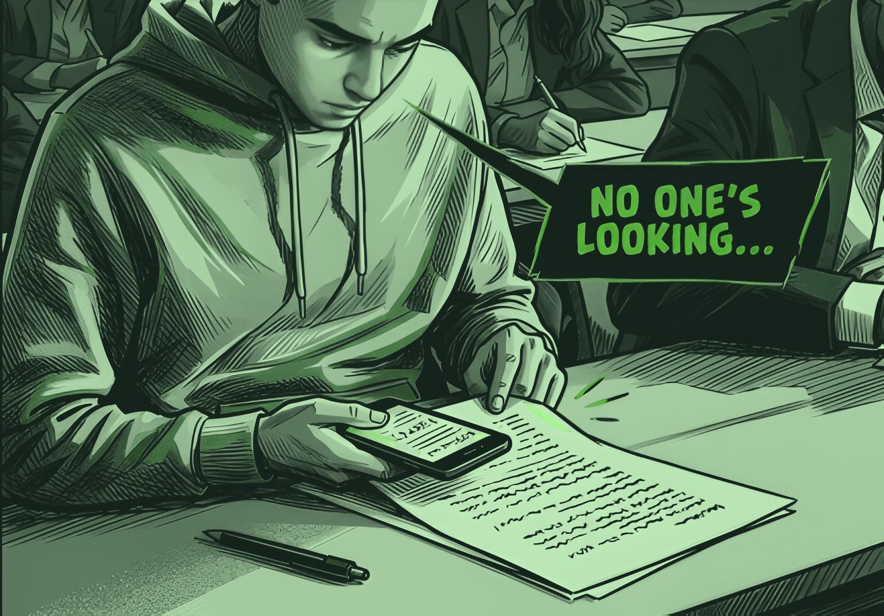A student sneaking answers from their phone during an exam